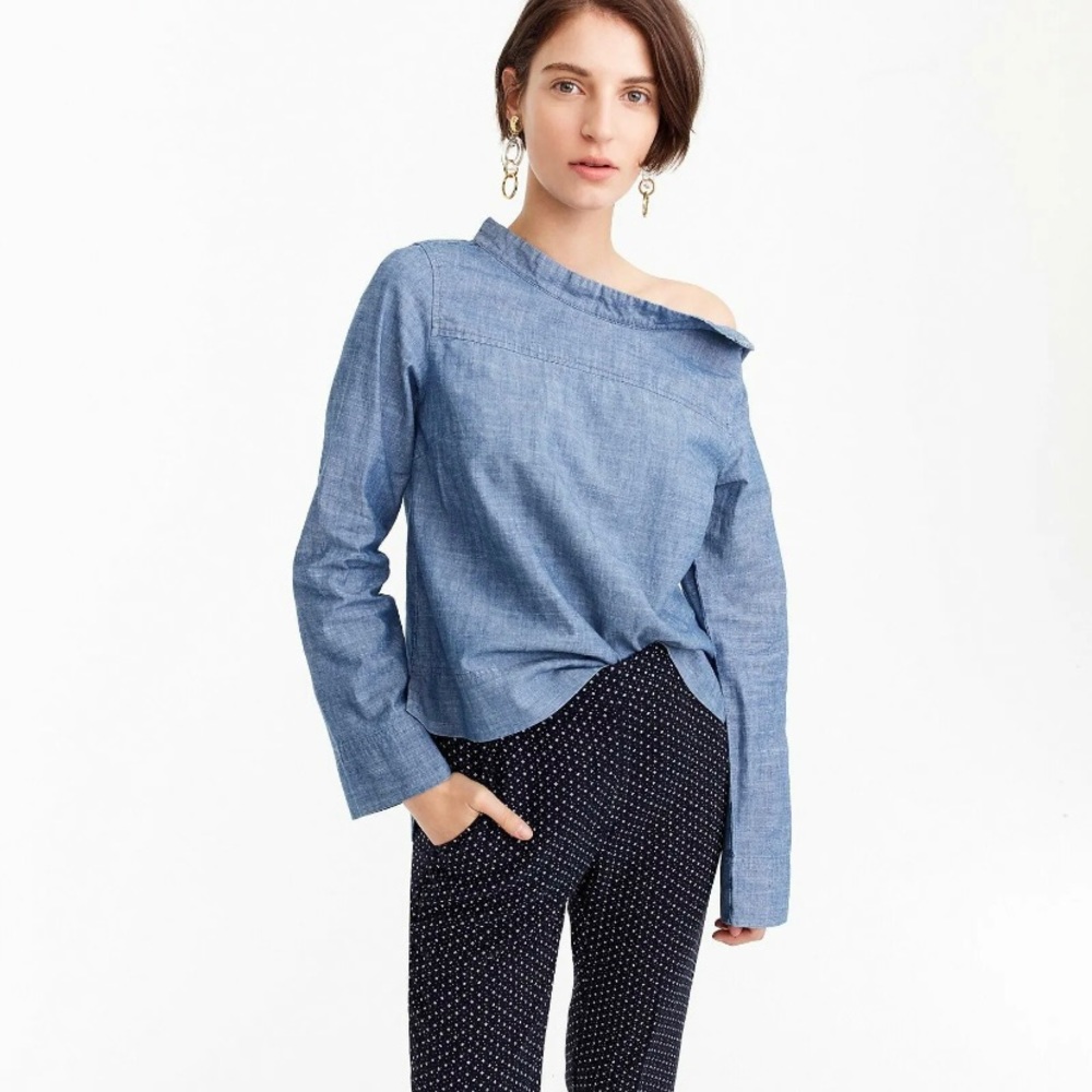J. Crew Womens Chambray Funnel Neck Top Sz 12 Blue Cotton Long Sleeve Hi-Low Hem